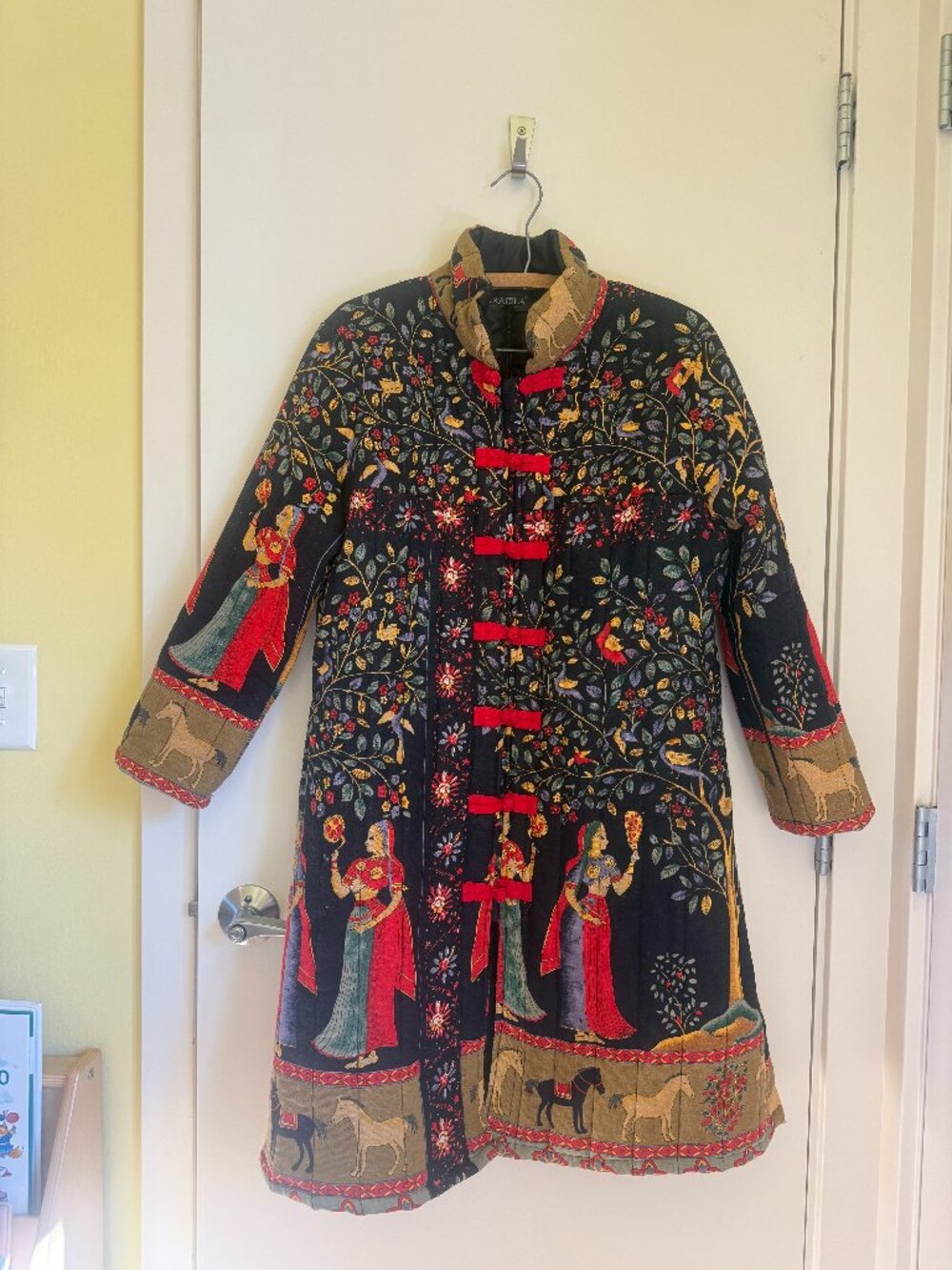 Vintage Quilted Jacket Floral Bird Horse Print Red Frog Closures